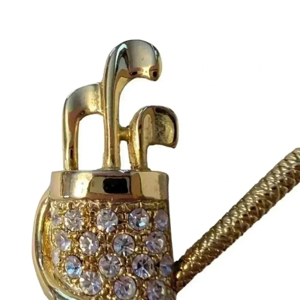 Golf Bag Rhinestone Brooch | Vintage Golfing Sweater Pin | 1980s Gold Tone Metal - Picture 3 of 7